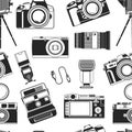 Camera photograph, portable old style apparatus equipment for photographers seamless pattern vector.