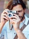 Camera, photographer or man on holiday travel or vacation trip for creativity or tourism adventure in Italy. Photography Royalty Free Stock Photo