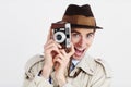 Camera, photographer and surprise with portrait of man for surveillance, reporter and investigation. Retro, press and Royalty Free Stock Photo