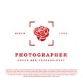 Camera photographer vintage retro logo. Autofocus zone icon with rose in the middle