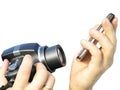 Camera photographs the mobile phone in the hands of the photographe Royalty Free Stock Photo