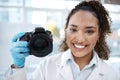 Camera, photography and portrait of black woman in forensics laboratory for investigation, crime scene and evidence