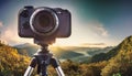 A camera is pointed at a beautiful mountain range Royalty Free Stock Photo
