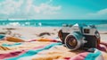 A camera rests on a beach blanket for a scenic shot AIG50