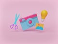 Camera, scissors, photo and light bulb isolated on pastel pink background. photography ideas concept. 3d rendering