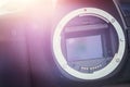Camera Sensor: close up picture of a professional reflex camera. Sunlight Royalty Free Stock Photo