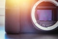 Camera Sensor: close up picture of a professional reflex camera. Sunlight Royalty Free Stock Photo