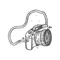 Doodle-style hiking camera, hand-drawn. Illustration for local tourism. Camera on a belt. Camping or hiking item vector Royalty Free Stock Photo