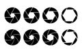 Camera shutter aperture icon set. Black zoom lens for focus. Silhouette photographic shot design with open and closed mode lens. Royalty Free Stock Photo