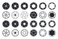 Camera shutter icons. Aperture and lens for focus. Photo optics. Diaphragm, objective, zoom-snap of photograph. Logos of