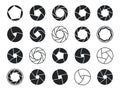 Camera shutter icons. Black lens aperture. Different diaphragm petals. Lomography optic objectives. Photographic focus Royalty Free Stock Photo