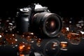 a camera sitting on top of a pile of rocks