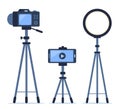 Camera, smartphone and ring light on tripods. Set of gadgets for shooting photos and videos, video streaming. Technique for Royalty Free Stock Photo