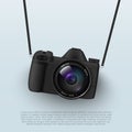 Camera with straps promo poster realistic vector photo video device for shooting memory picture