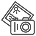 Camera and summer photo line icon, Sea cruise concept, Photo shooting sign on white background, camera with memory card Royalty Free Stock Photo