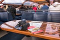 Camera on table with tour guide by interior seating inside a glass roofed sightseeing canal cruise trip boat for tourists Royalty Free Stock Photo