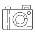 Camera thin line icon, lens and photo, photocamera sign, vector graphics, a linear pattern on a white background.