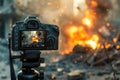 A camera on a tripod capturing the moment when a fire is extinguished, Capture a moment of destruction being prevented by