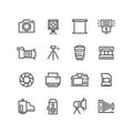 Camera on tripod, photo lens and photography equipment line vector icons isolated on white background Royalty Free Stock Photo