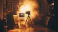Camera on tripod in smoky room with artwork Royalty Free Stock Photo