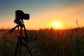 Camera and tripod on sunset sky background Royalty Free Stock Photo