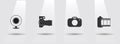 Camera icon set, camera lens, camera film, photo tape simple black icon