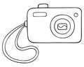 Camera. Vector illustration. Sketch. Compact digital device for taking photo shots. Outline on an isolated white background. Royalty Free Stock Photo