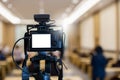 camera with white screen in news broadcast live studio. digital video creativity production media professional Royalty Free Stock Photo