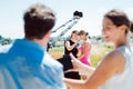 Cameraman with camera on a crane on video production set Royalty Free Stock Photo