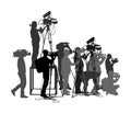 Cameraman crew follows event vector silhouette isolated on white. Concert reporter on duty. Breaking news in studio. Broadcast Royalty Free Stock Photo