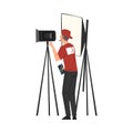 Cameraman Shooting with Professional Video Camera on Tripod, Television Industry Concept Cartoon Style Vector Royalty Free Stock Photo