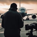 Cameraman stooped from cold stands at airplane runway with camera beside. Rear view. Plane at backdrop. Generative AI