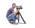 Video camera operator isolated on a white background.