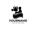Cameraman, videographer and videocamer either cinemacamera, logo template. Film, cinema and filming, vector design