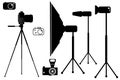 Cameras icon set, studio flash and tripod