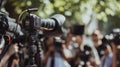 Cameras are set up and ready to record a press conference, capturing anticipated announcements and discussions Royalty Free Stock Photo