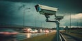 Cameras and speed control radars along a busy highway monitor and record speeding violations. Generative AI