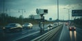 Cameras and speed control radars along a busy highway monitor and record speeding violations. Generative AI