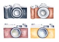 Cameras watercolor clipart set. Vintage retro photocamera hand painted illustration