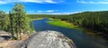 Canada Landscape Panorama of Peaceful Cameron River and Canadian Shield, Hidden Lake Territorial Park, Northwest Territories