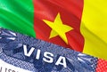 Cameroon Visa Document, with Cameroon flag in background. Cameroon flag with Close up text VISA on USA visa stamp in passport,3D Royalty Free Stock Photo