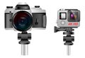 set of action camera waterproof illustration isolated, DSLR professional camera on tripod, Royalty Free Stock Photo