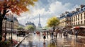 Vibrant Speedpainting Of A French City With Umbrella-holding People Royalty Free Stock Photo