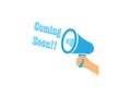 Caming soon megaphone hand Loudspeaker blue amplifier logo design illustration on white background