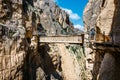 Visitors crossing the suspension bridge at Gaitanes Gorge, Malaga, Spain