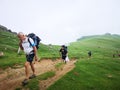 Camino de Santiago / Day 1 / Pilgrims walking in Pyrenees