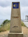 Camino de Santiago, final waymark, Stone with symbol of zero km, Cape Finisterre, Galicia, Spain