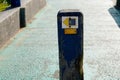 Camino de santiago yellow blue sign on pathway roadsign on the Way of St. James go to