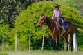 CAMINOS, CANELONES, URUGUAY, OCT 7, 2018: Female gaucho riding on a horse at a Criolla Festival in Uruguay