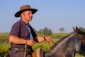 CAMINOS, CANELONES, URUGUAY, OCT 7, 2018: Gaucho riding on a horse at a Criolla Festival in Uruguay